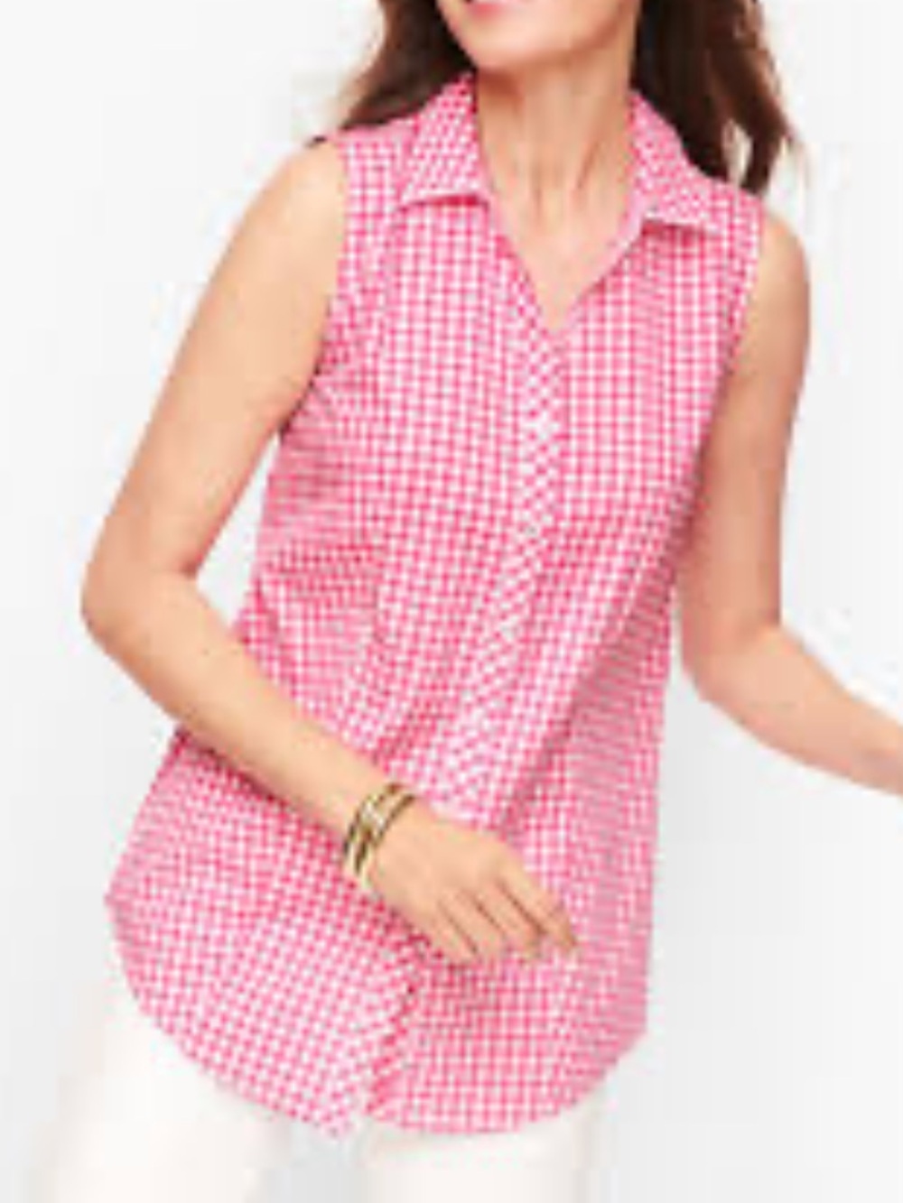 #10)  Foxcroft Wrinkle free Pink & Orange Gingham Sleeveless Button-Down Shirt